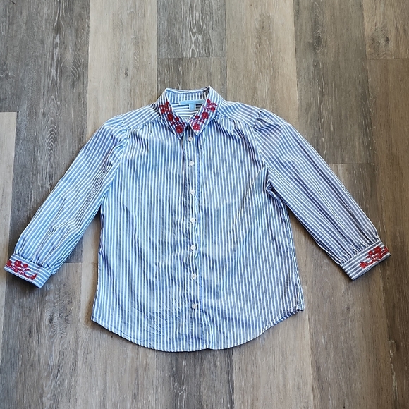 Draper James Blue and White Striped Button Down Shirt with Red Embroidery - Picture 1 of 16